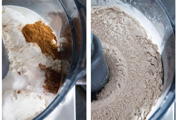 A close up of a food processor bowl with flour covered with other dry ingredients that haven't been mixed in and another with it mixed