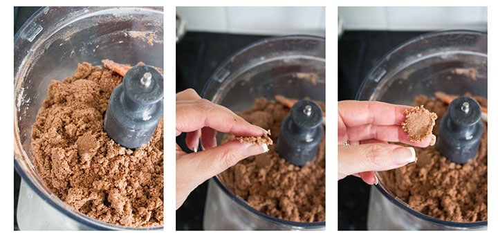 a close up of a food processor bowl with the wet ingredients mixed into the dry. a second photos showing it being pressed and a third showing it holding shape