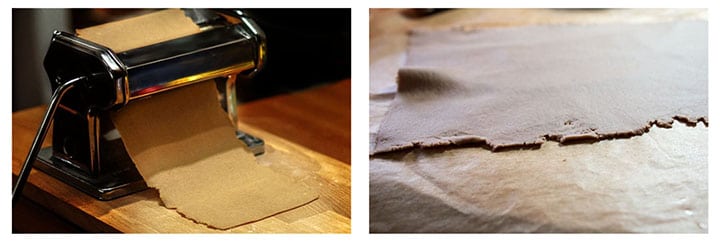 A pasta machine running the cannoli dough through it and a close up of the rolled dough