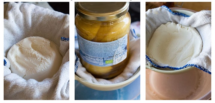 three photos showing various stages of pressing the water from the cheese