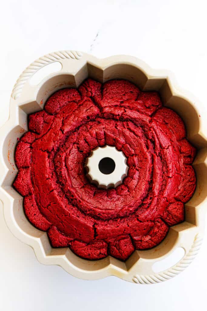 a baked Red Velvet Bundt Cake still in the pan