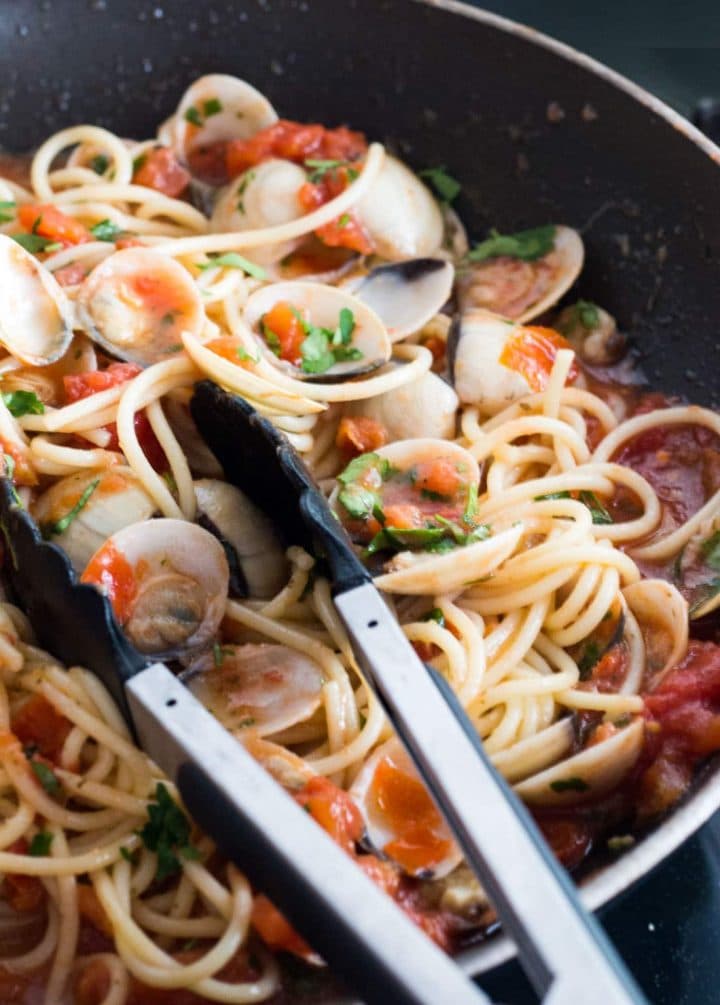 The Spaghetti added to the pan with the Red Clam Sauce