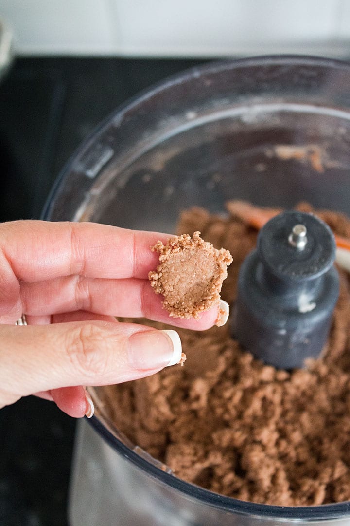 a close up of a food processor bowl with the butter cut into the dry ingredients. with a hand holding a flat clump of dough above the bowl