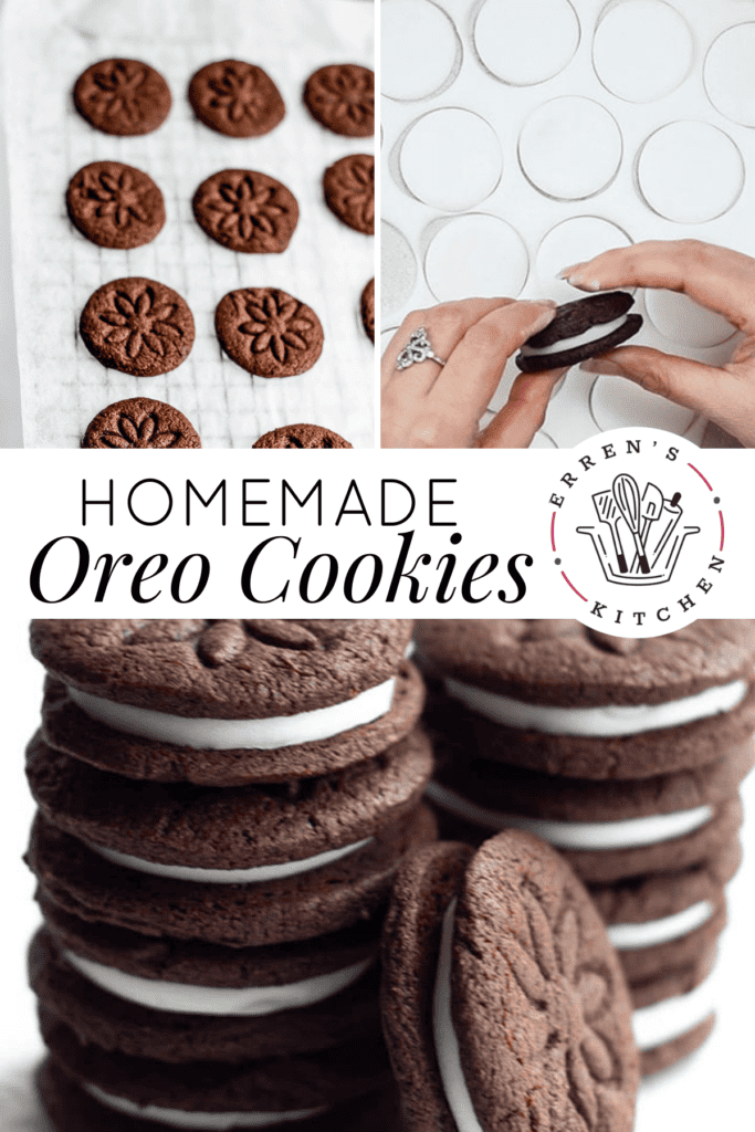 A promotional image showing the cookies bakes, a cookie sandwich being held together with the icing in the center, and a stack of the completed homemade oreo cookies.