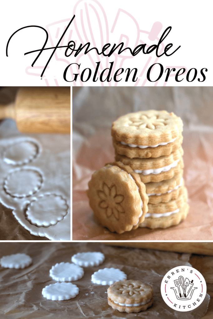 Two photos showing cutting out the icing for the cookies and a photos with a stack of the completed golden oreos.