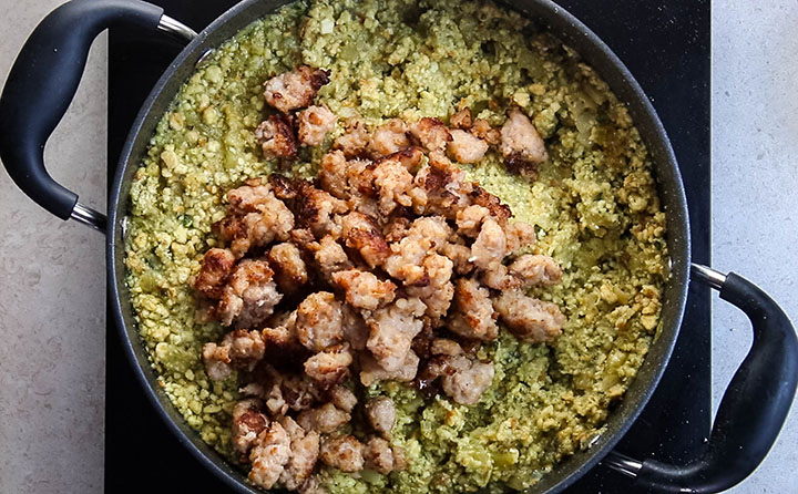 The sauage meat added to the stuffing in the pan