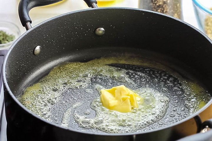 Melted butter cooking in the pan