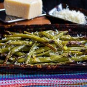 garlic roasted fresh green beans piled high on a serving dish