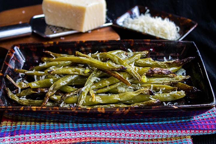 garlic roasted fresh green beans piled high on a serving dish