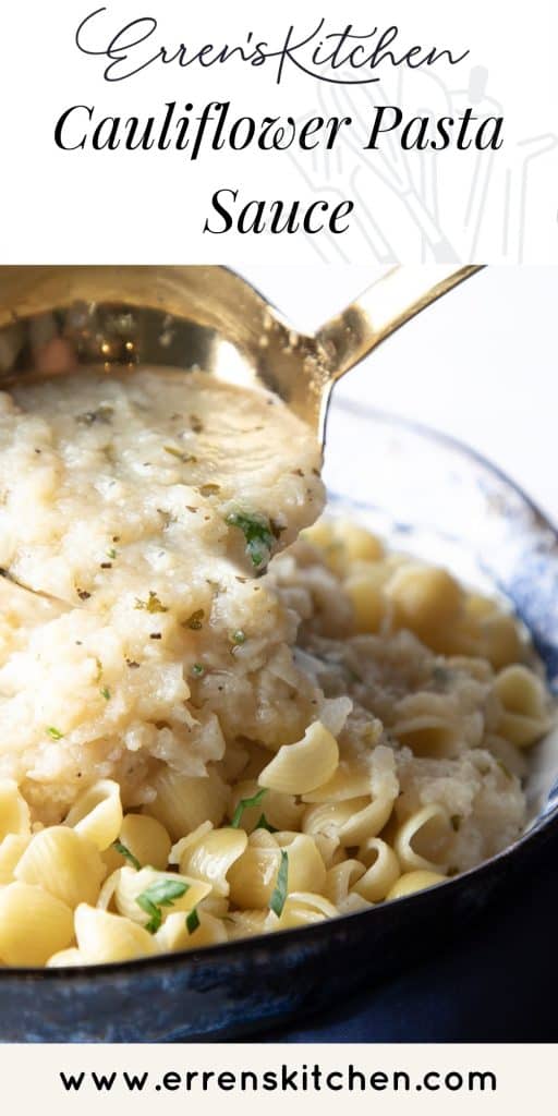 cauliflower pasta sauce being served with a ladle