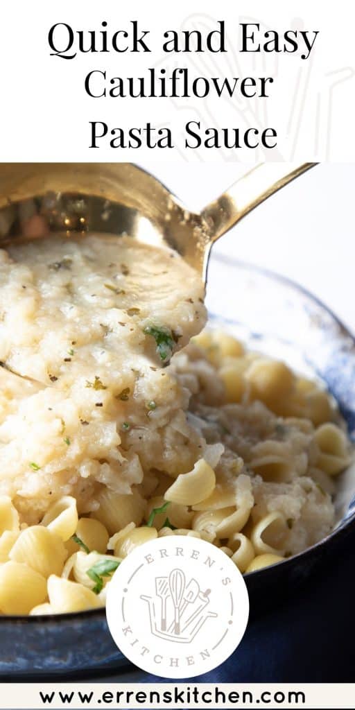cauliflower pasta sauce being served with a ladle