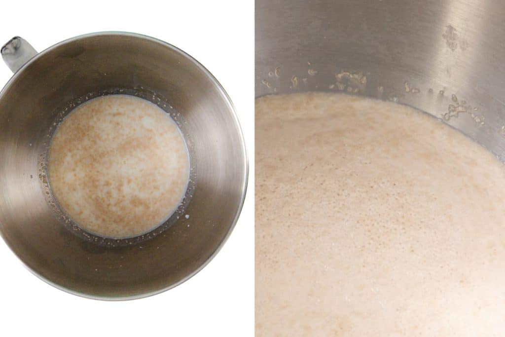 Two photos of a metal mixing bowl with a foamy, bubbly yeast mixture inside—a key step in making Cinnamon Crumb Buns. The left image shows a top-down view, while the right is a close-up of the foamy yeast surface.