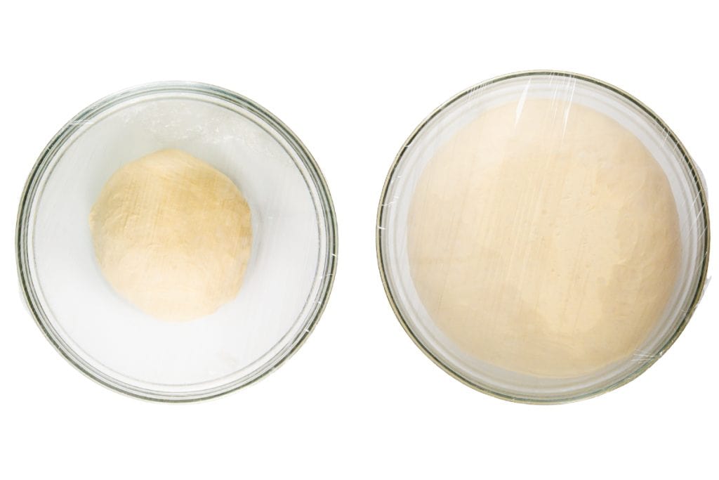  the left bowl holds a small ball of dough before rising, while the right shows the same dough, now doubled in size and covered with plastic wrap after rising.