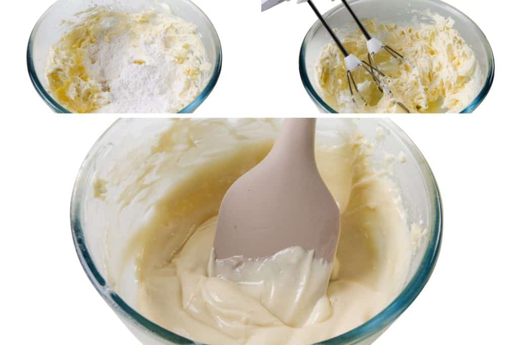 A glass bowl with cream cheese and powdered sugar, then mixed with a hand mixer, and finally smoothed with a spatula to form creamy frosting—perfect for topping freshly baked Cinnamon Crumb Buns.