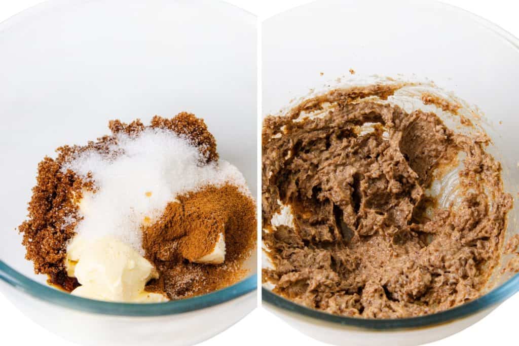  on the left, a glass bowl with brown sugar, white sugar, butter, and spices for Cinnamon Crumb Buns; on the right, the same ingredients mixed into a rich, brown batter.
