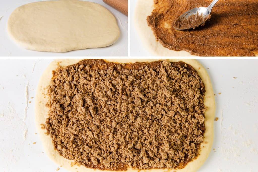 A collage shows dough rolled out, a spoon spreading brown filling on dough, and dough covered with a crumbly brown sugar-cinnamon mixture—classic steps for making Cinnamon Crumb Buns, ready to bake.