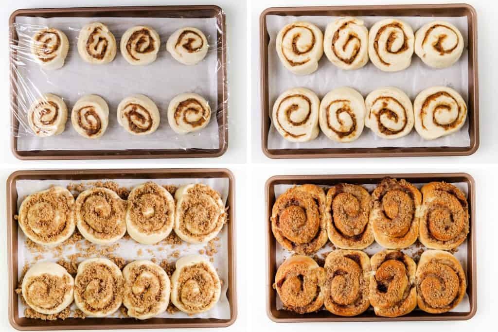  covered raw dough, risen dough, topped with crumbly streusel, and fully baked golden brown buns. Each tray is lined with parchment paper.