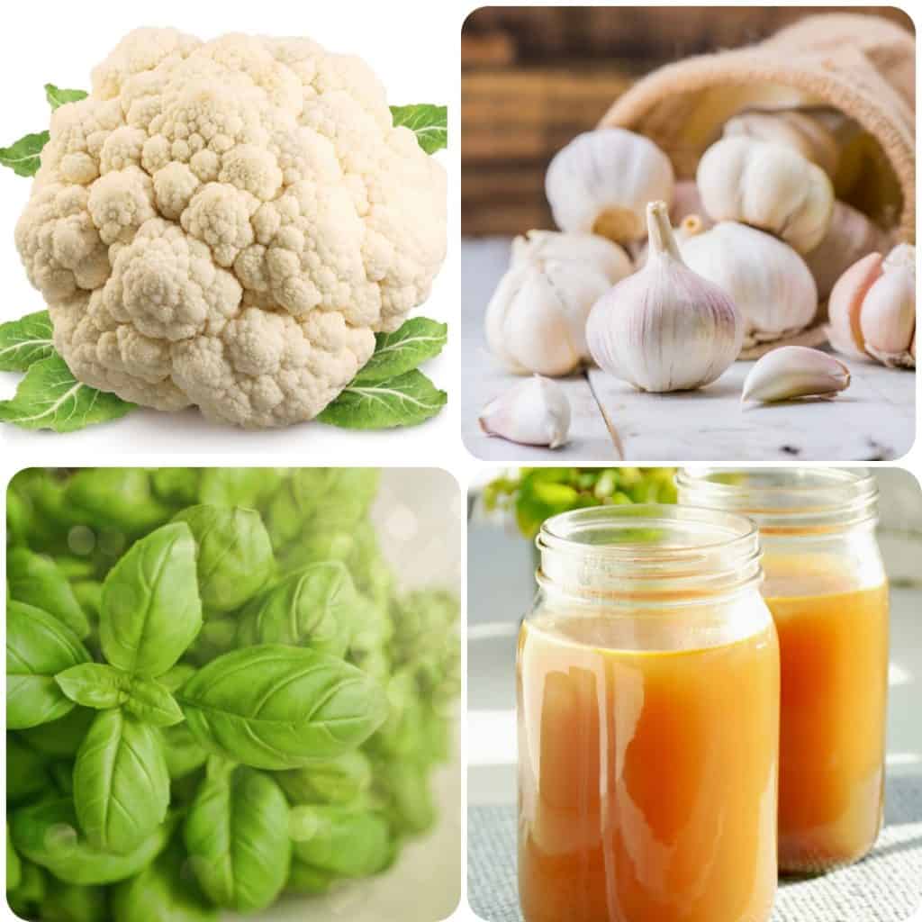 Cauliflower, garlic, basil and jars of chicken stock