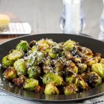 A plate of the roasted Brussels Sprouts golden and caramelized