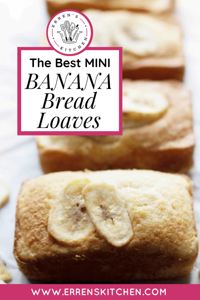 Mini banana bread loaves topped with sliced bananas.