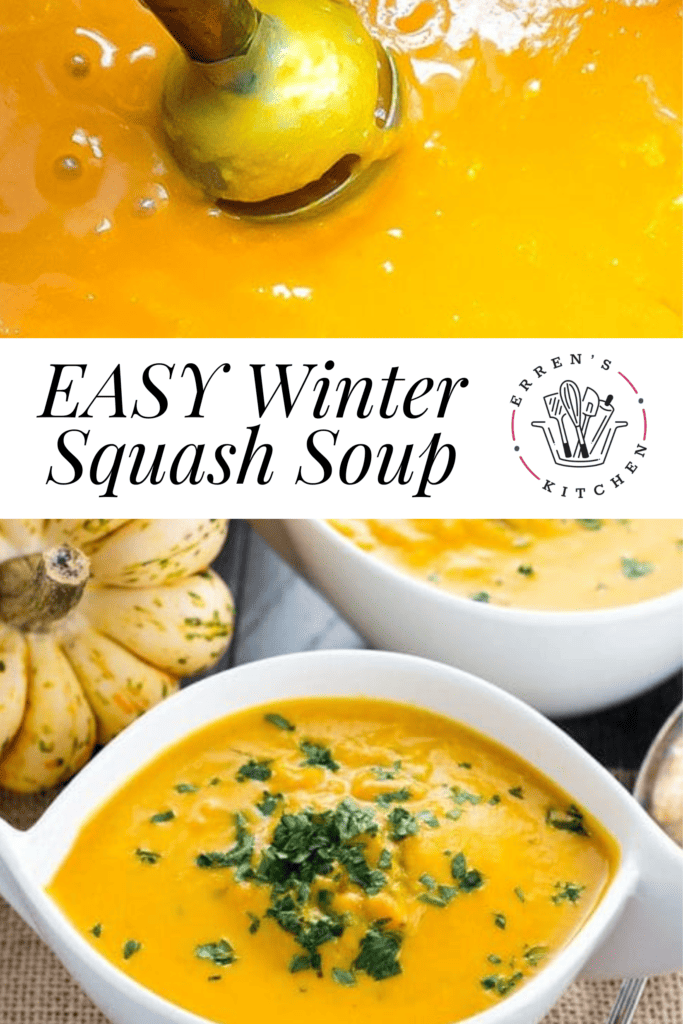 A creamy bowl of orange, winter squash soup topped with fresh parsley on the bottom. On the top there is a pot of winter squash soup being blended with the hand blender until smooth.
