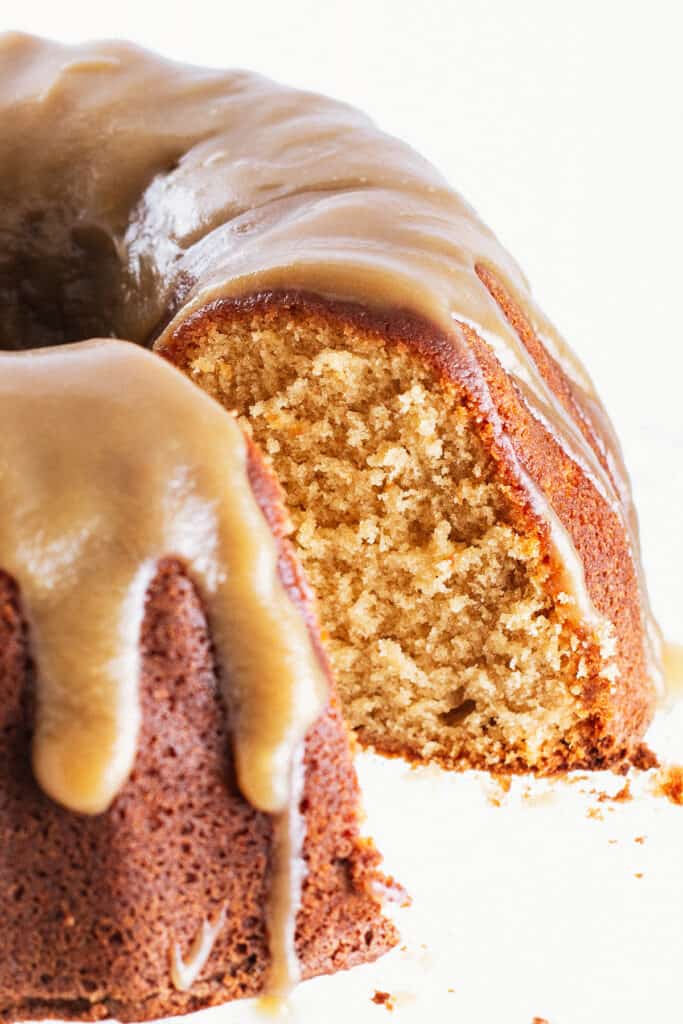 a brown sugar bundt cake with caramel icing