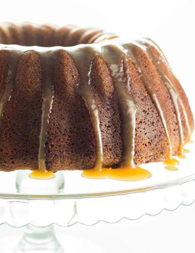 a brown sugar bundt cake with caramel icing
