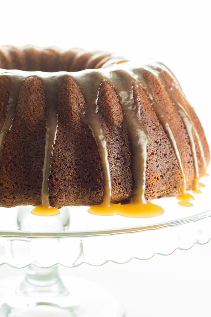 a brown sugar bundt cake with caramel icing