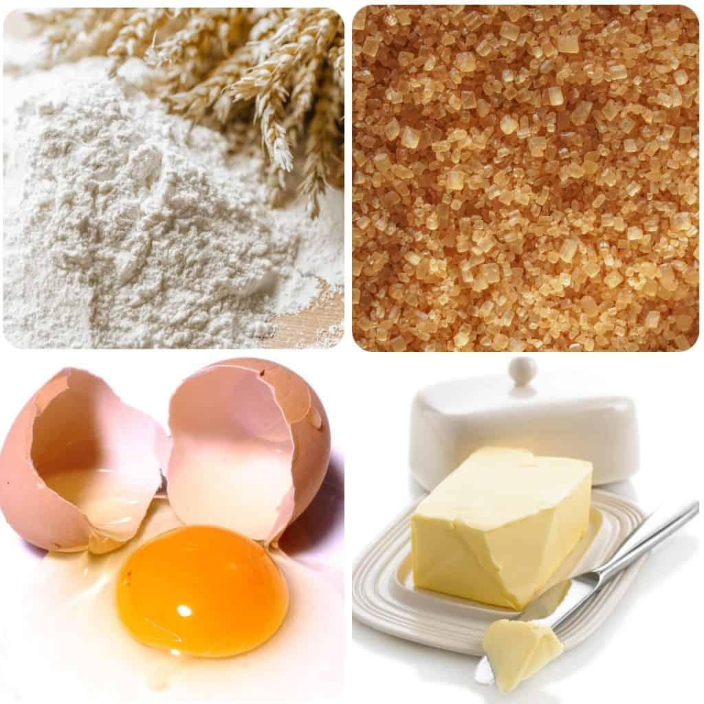 ingredients for brown sugar cake: flour, brown sugar, eggs and butter