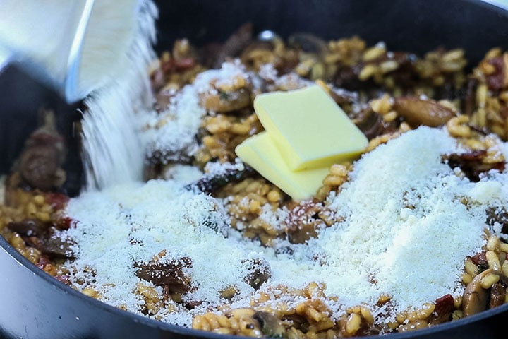 The butter and cheese added to the Easy Mushroom & Bacon Risotto