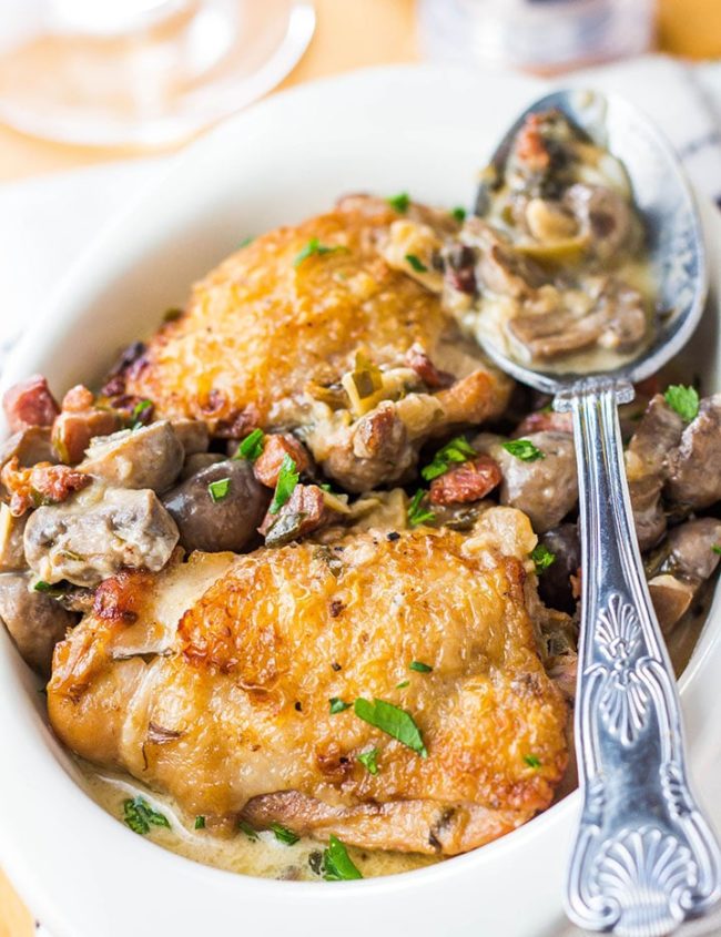 Creamy Chicken with Bacon & Mushrooms in a dish packed full of bacon and mushrooms.