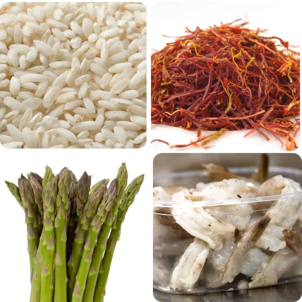 a photo of rice, saffron threads, asparagus, and raw shrimp