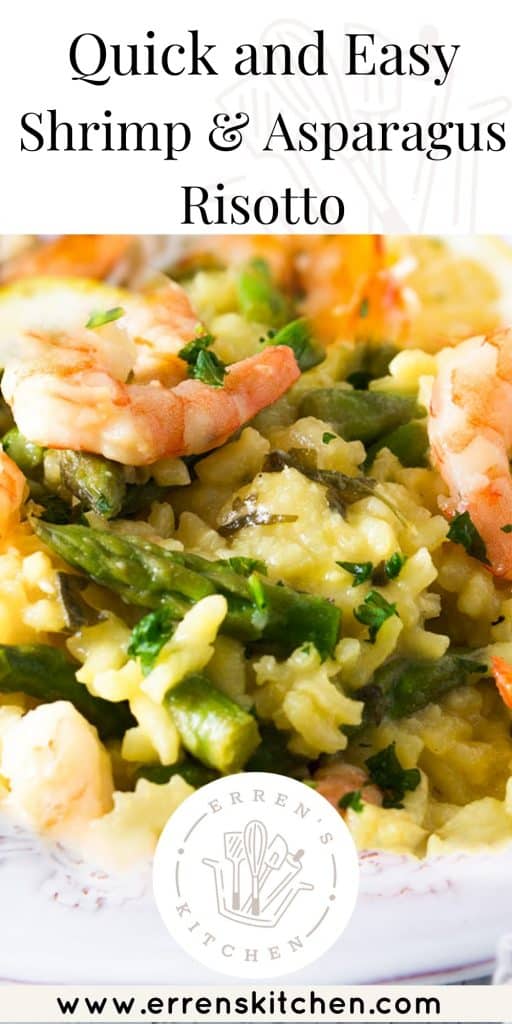 A dish piled high with yellow rice, asparagu and plump shrimp