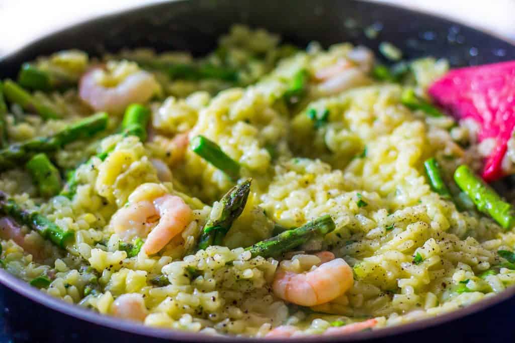 the finished Shrimp and Asparagus Risotto in the pan ready to serve