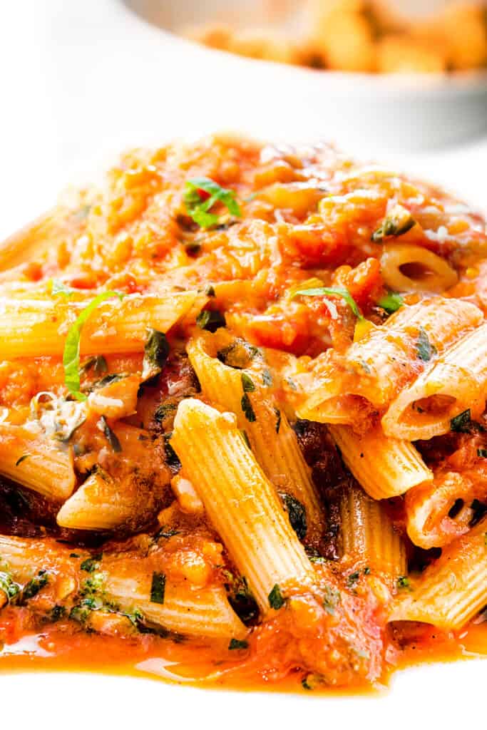 a close up image of penne pasta topped with an eggplant tomato sauce