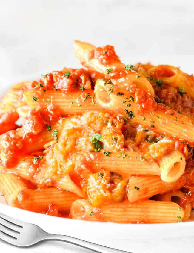 A big plate of Pasta Alla Norma sprinkled with cheese and scattered with sliced basil