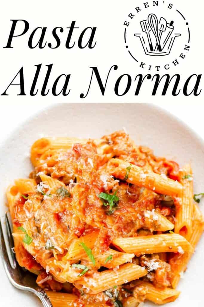 a Pinterest pin showing an overhead image of a bowl of pasta alla norma