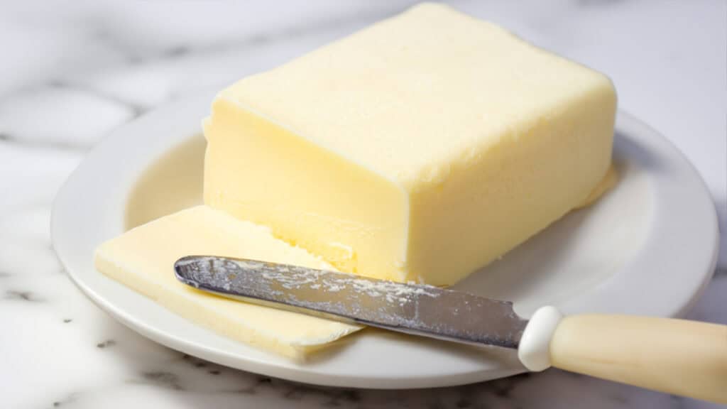 a close up image of a block of butter on a plate with a butter knife.