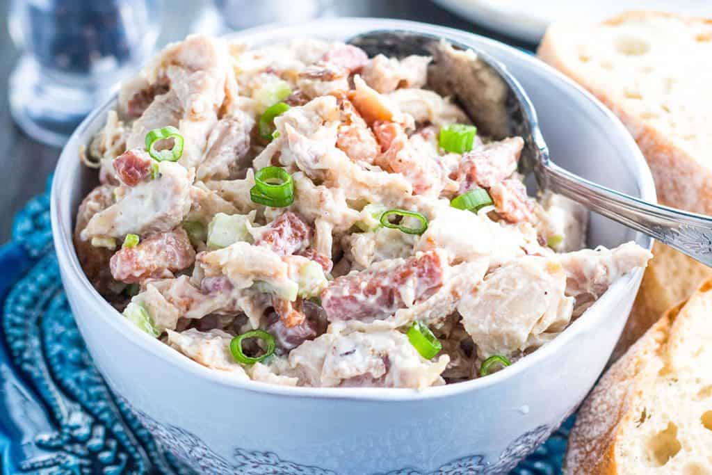 A close up of a bowl with Chicken Salad