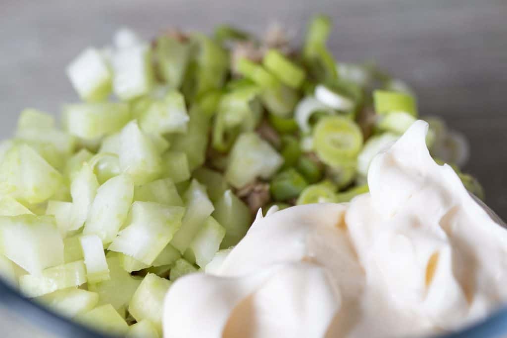 Chicken in a bowl topped with sliced green onions, diced celery and mayonnaise