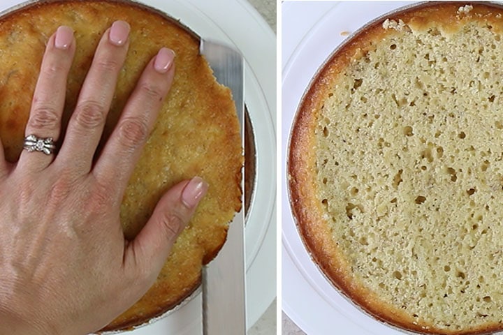 A photo of the top being cut off the cake and then one with it removed