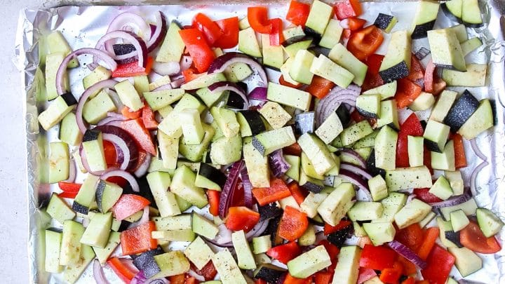 The vegetables seasoned with salt and pepper and spray with cooking spray