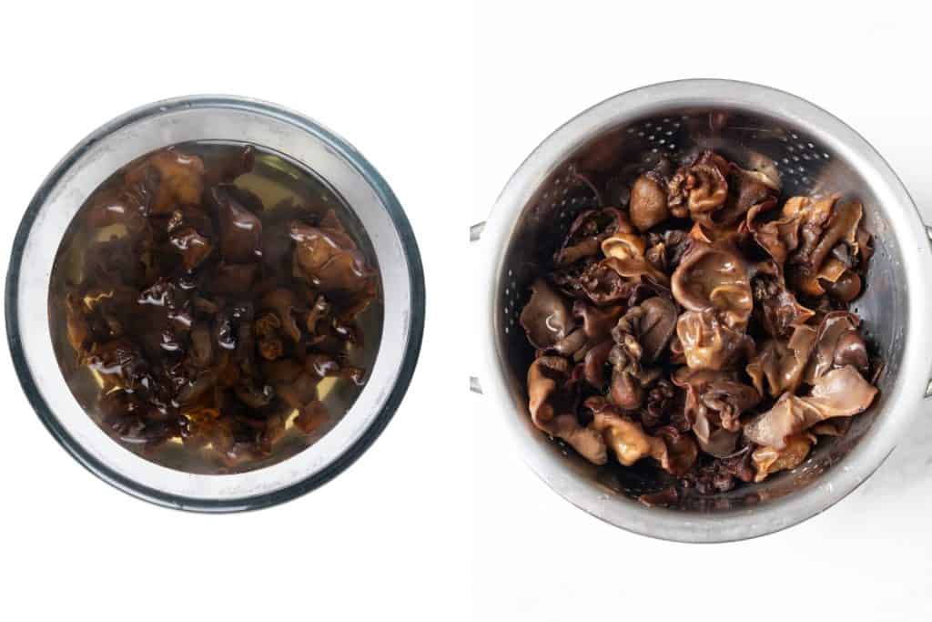 Two bowls: the left shows black fungus mushrooms soaking in water—an essential step when preparing dishes like Chicken with Chinese Mushrooms—while the right displays the mushrooms drained in a metal colander.