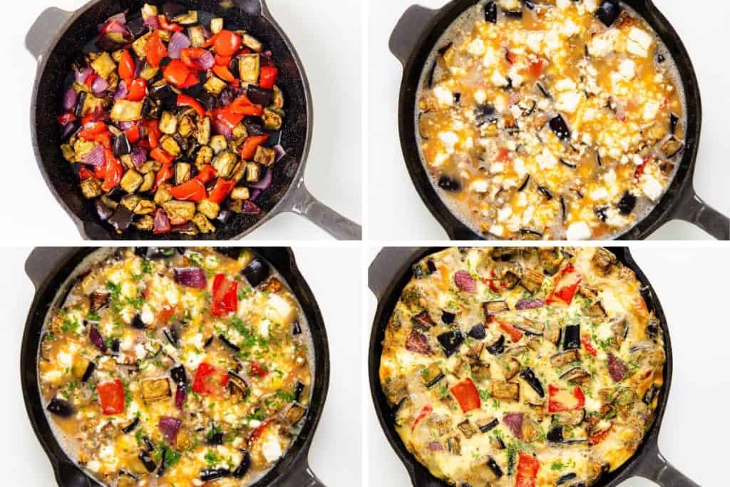  sautéed veggies, raw egg mixture added, mixture starting to set with herbs, and finished frittata crowned with golden feta.