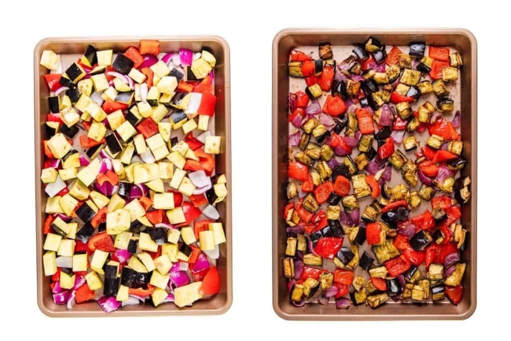 Two baking trays with diced vegetables. The left tray features raw eggplant, red bell pepper, and red onion—perfect for a Baked Eggplant Frittata with Red Onion. The right tray shows the same veggies, roasted until browned and slightly shrunken.