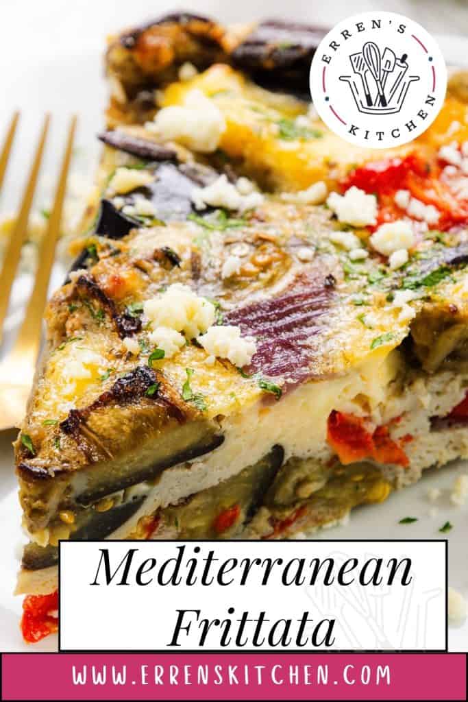 A close-up of a Baked Eggplant Frittata with Red Onion, featuring visible pieces of peppers & feta. The text reads "Mediterranean Frittata" and "www.errenskitchen.com.