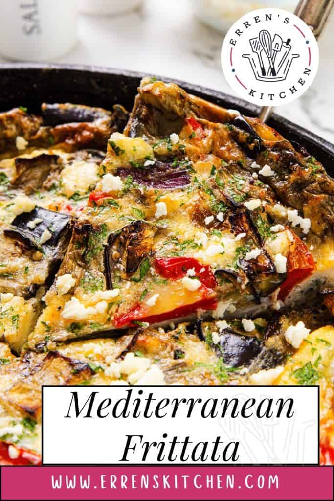 Close-up of a Baked Eggplant Frittata with Red Onion, Peppers & Feta in a skillet, topped with colorful veggies and feta cheese. Text on the image reads "Mediterranean Frittata" and shows the website www.errenskitchen.com.