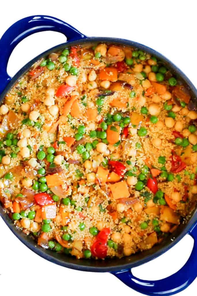 a pan full of the cooked Vegetable Moroccan Couscous