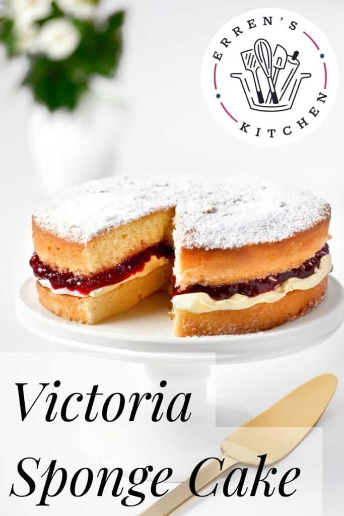 a pinterest pin showing Victoria Sponge Cake filled with buttercream and raspberry jam with a slice taken out.