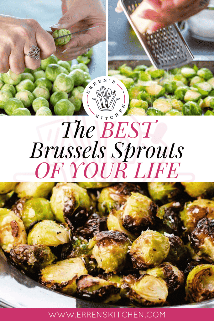 An image showing brussels sprouts being cut, being topped with grated cheese, and a completed bowl of crispy, roasted brussels sprouts.